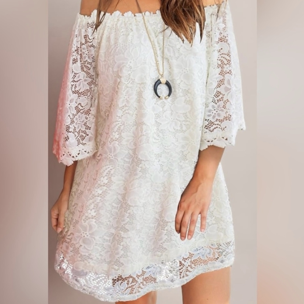 Stretch lace off shoulder lined mini dress wedding boho festival size xl